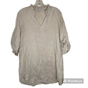 Rosemarine Tan 100% Linen Top High Low Tunic Roll Up Sleeve Ruffle Neck Italy M
